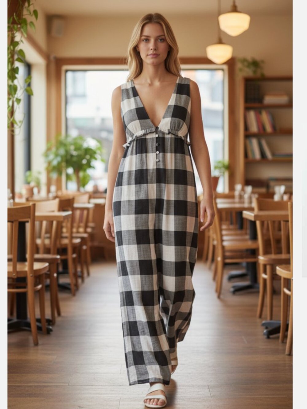 NWT asos  buffalo check wide leg jumpsuit US -6 Semi Sheer